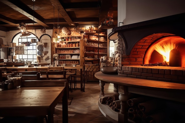 Interior de pizzería con horno de ladrillo