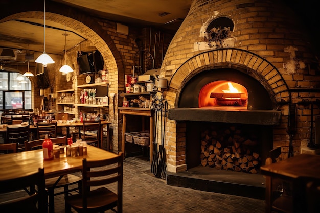 Interior de pizzería con horno de ladrillo