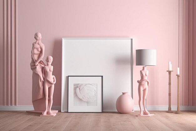 Interior plano completamente monótono rosa com estatuetas de 2 cabeças em piso de parquet Maquete de quadro de pôster