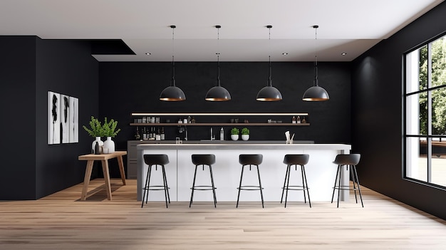 Interior de una práctica cocina en blanco y negro con pared negra IA generativa