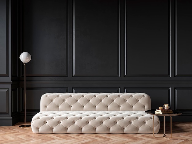 Interior preto clássico com molduras de sofá capitone chester mesa de centro de lâmpada de assoalho de madeira