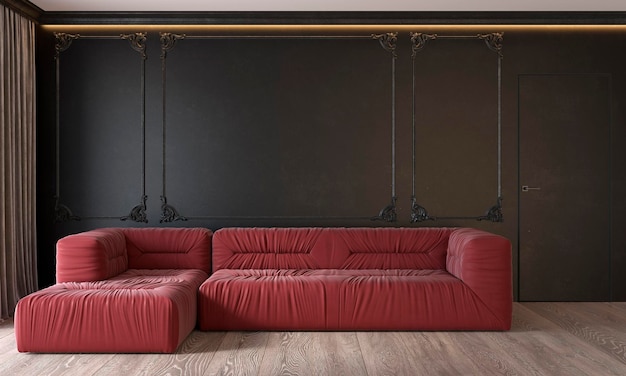 Interior preto clássico moderno com molduras de parede de sofá vermelho teto retroiluminado cortinas de porta de piso de madeira