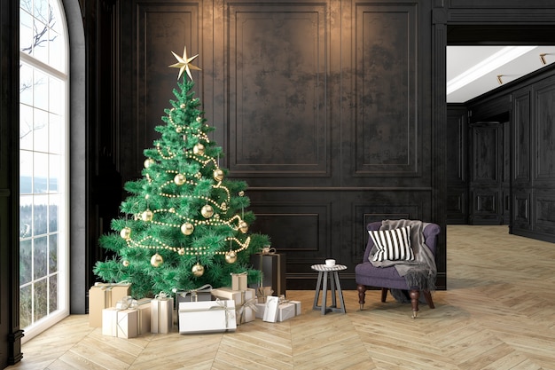 Interior preto com árvore de Natal, poltrona, presentes, travesseiro, painéis de parede. 3D render ilustração mock up.
