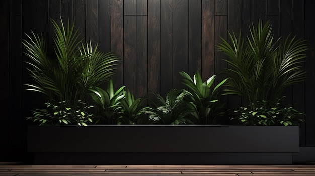 Interior preto com painel de parede de madeira e plantas renderização em 3d design de interiores Generative AI