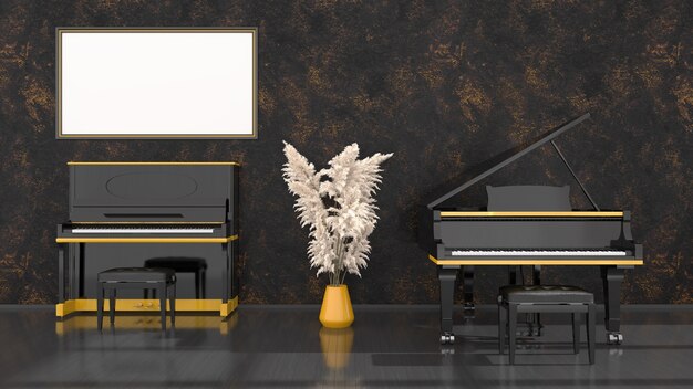 Interior preto com piano preto e amarelo, piano de cauda e moldura para maquete, ilustração 3d