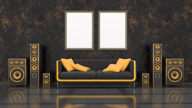Interior preto com sistema de alto-falantes preto e amarelo de design moderno, sofá e moldura para maquete, ilustração 3d