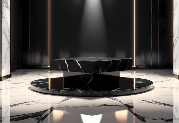 Interior preto de pódio em fundo preto conceito minimalista para promoção de produto