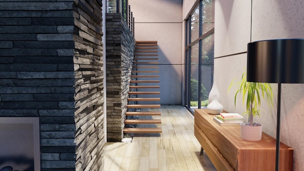 Interior realista 3d con decoración de lujo de escaleras