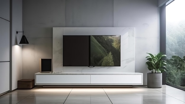 Interior realista de sala de estar con sofá gris y guión de televisión Ai generativo