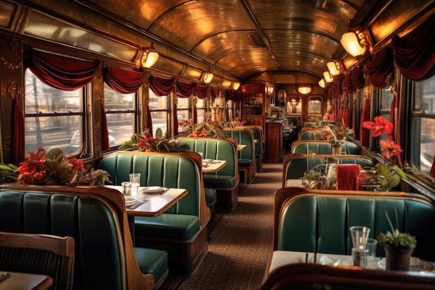 Foto interior renovado del vagón comedor en un tren vintage creado con ia generativa