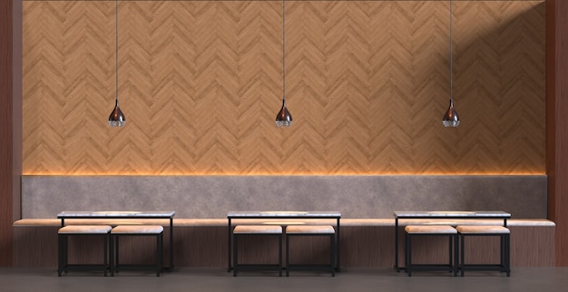 Interior de representación 3D de un restaurante cafetería con mesa, silla y fondo de decoración de madera de pared