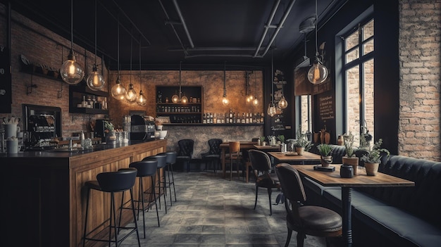 El interior de un restaurante con una barra de madera y un cartel que dice 'café'