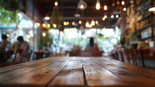 El interior del restaurante con el cliente y la mesa de madera difuminan el fondo abstracto con IA generativa