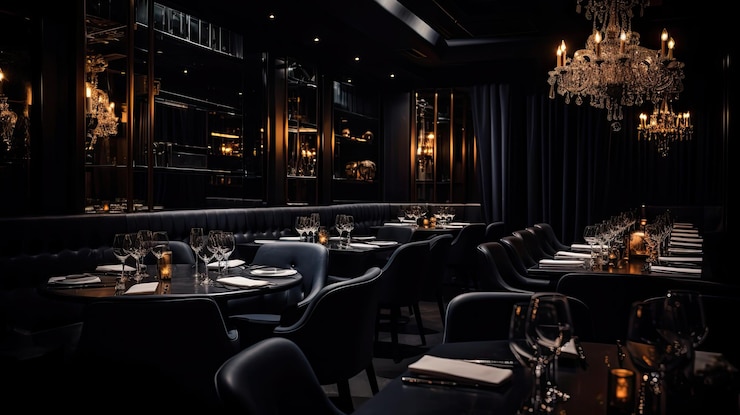 Foto el interior del restaurante está oscuro y negro.