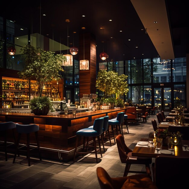 Interior de restaurante de lujo con mostrador de madera y sillas azules