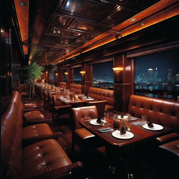 Interior de restaurante de lujo con vistas a la ciudad nocturna