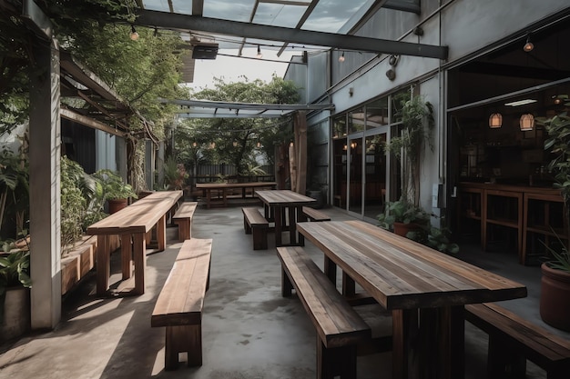 El interior de un restaurante con muchas mesas y sillas y un techo con plantas.