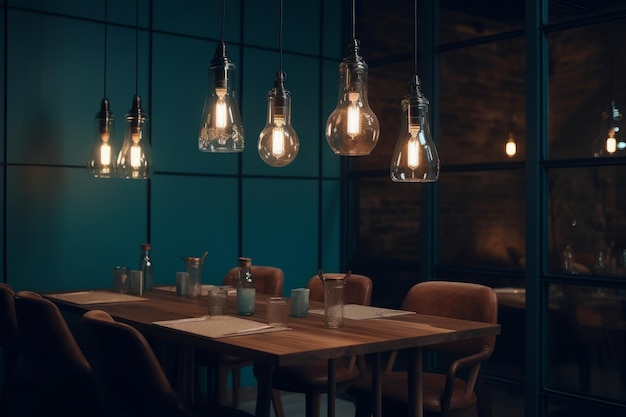 interior del restaurante por la noche con lámparas colgantes y mesa de varias plazas