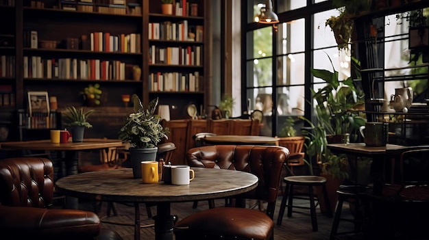 El interior del restaurante con plantas y una ventana.