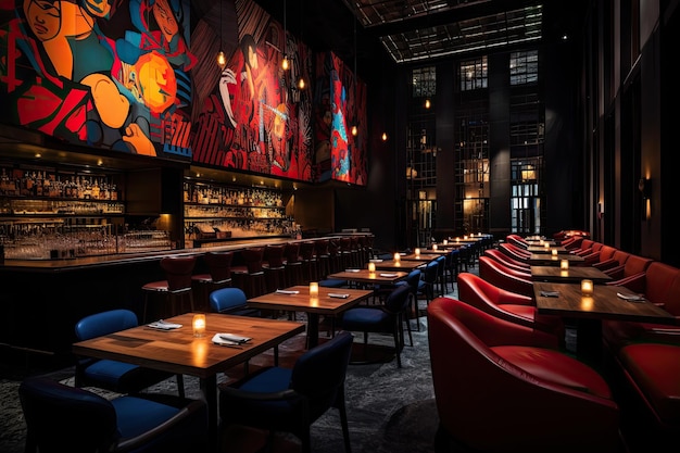 Interior de un restaurante con sillas rojas, mesas y luces de techo, club nocturno en el corazón de la ciudad con lujosos asientos de cuero, iluminación audaz generada por IA