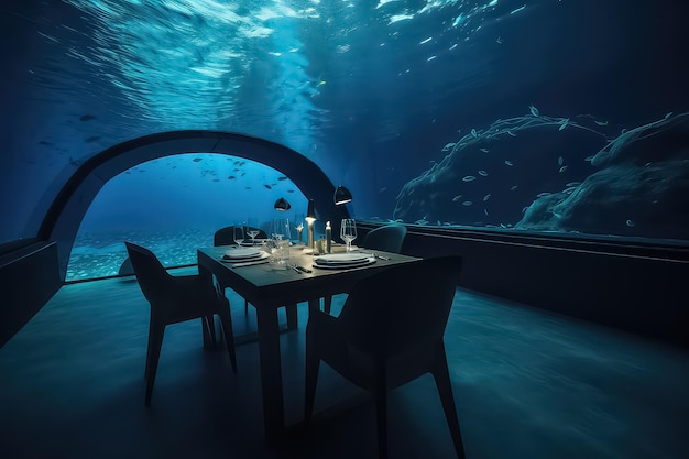Interior de restaurante submarino en Maldivas AI