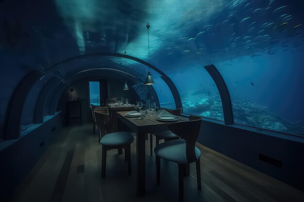 Interior de restaurante submarino en Maldivas AI