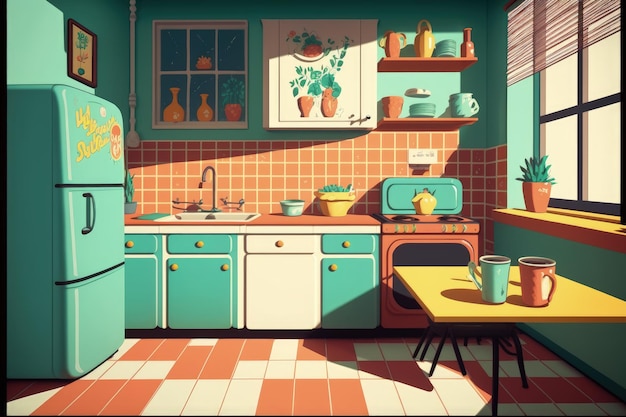 Interior retrô da cozinha dos anos 70 com cores pop art, ilustração digital de cozinha antiga AI