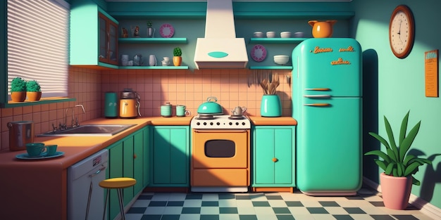 Interior retrô da cozinha dos anos 70 com cores pop art, ilustração digital de cozinha antiga AI