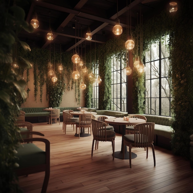 interior romântico do restaurante com iluminação suave e plantas Generative AI