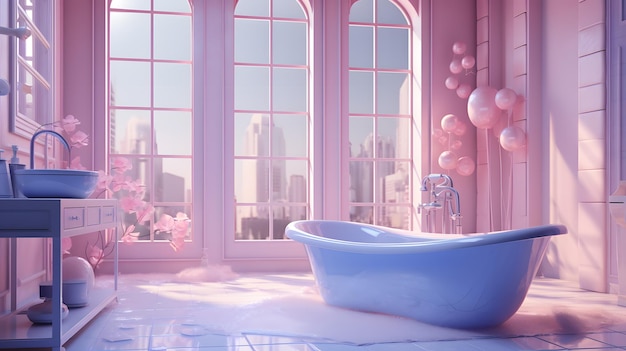 Interior rosa Barbie do banheiro moderno com banheira rosa renderização em 3D