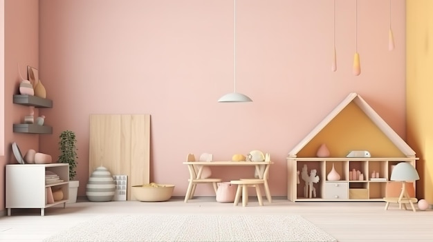 Interior rosa de la habitación de los niños para la representación 3D de la maqueta Ai generativo