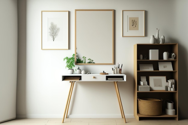 Interior de la sala de arte de exhibición blanca con libros, un cajón de madera y un espejo con un jarrón en la parte superior, un lienzo en la pared, dos carteles vacíos seguidos