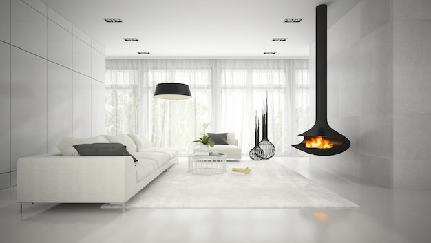 Interior de sala blanca de diseño moderno con renderizado 3D de chimenea