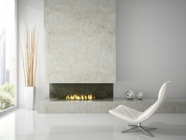 Interior de sala blanca limpia con renderizado 3D de chimenea