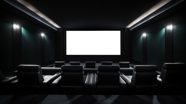 Interior de la sala de cine con filas de asientos y pantalla de maqueta en blanco Ilustración generativa de Ai