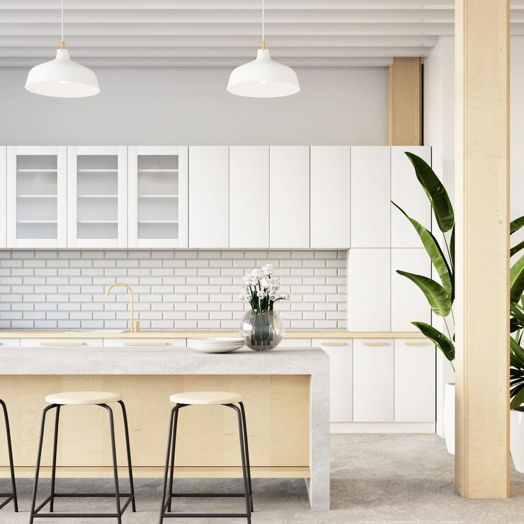 Interior de la sala de cocina de loft / representación 3D