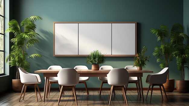 Interior de sala de conferencias blanca con sillones de madera y mesa gris ventana de piso de hormigón y plan