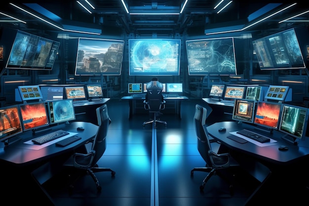Interior de una sala de control con computadoras y pantallas 3D