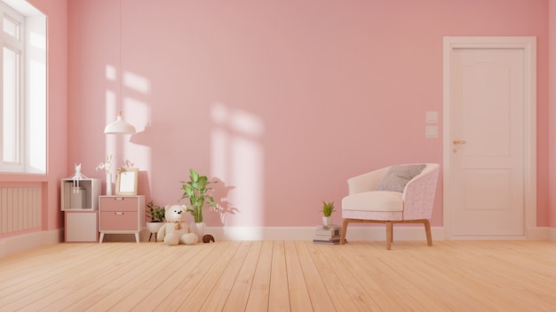 Interior sala de estar com sofá rosa. Renderização.