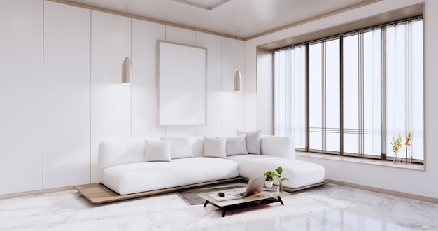 Interior, sala de estar minimalista moderna com sofá na parede branca e piso de ladrilhos de granito. Renderização 3D