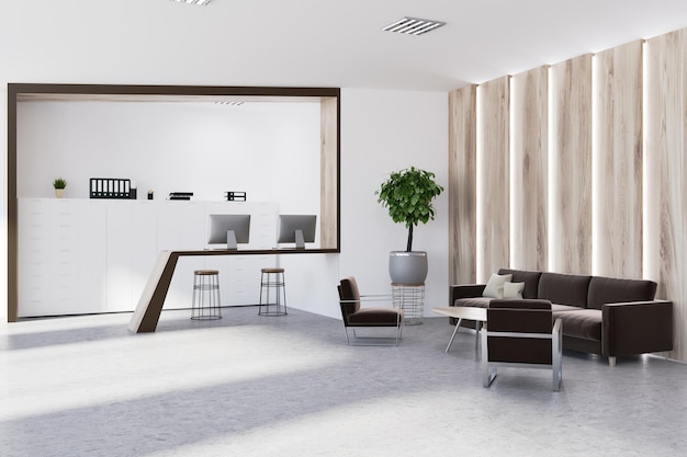 Foto interior de sala de espera de oficina blanca y de madera con un mostrador de recepción, un sofá suave y dos sillones cerca de una mesa baja. maqueta de renderizado 3d