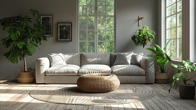 Interior de la sala de estar con acogedor sofá sillón gris y lámparas brillantes