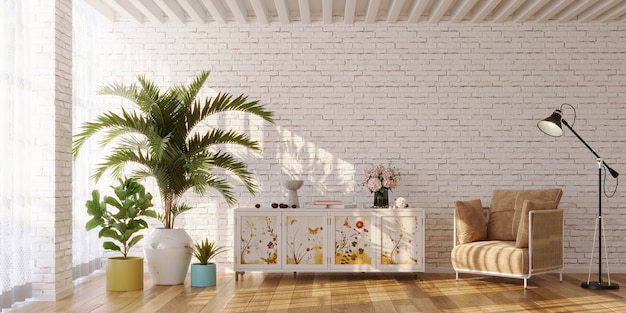 Interior de la sala de estar con aparador pintado de flores y plantas 3D Render