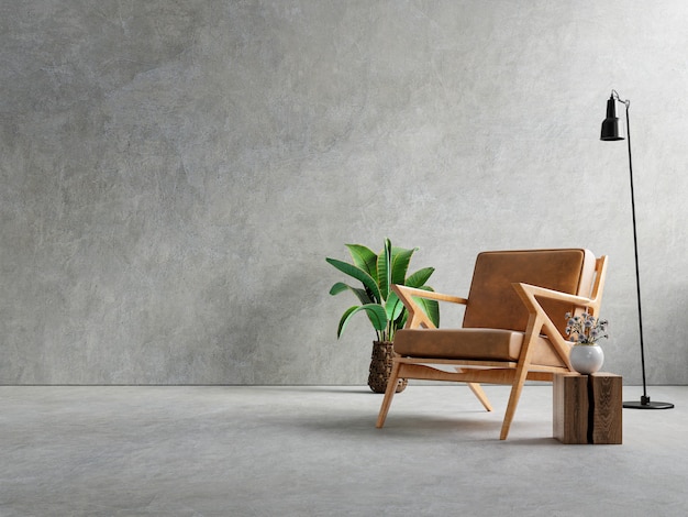 Interior de la sala de estar en el apartamento tipo loft con sillón, muro de hormigón. Representación 3D