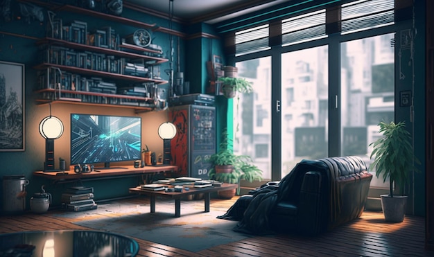 El interior de la sala de estar del apartamento transformado en una IA cyberpunk