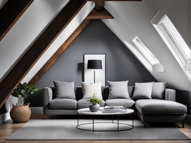 Interior de la sala de estar del ático gris con sofá renderizado en 3D