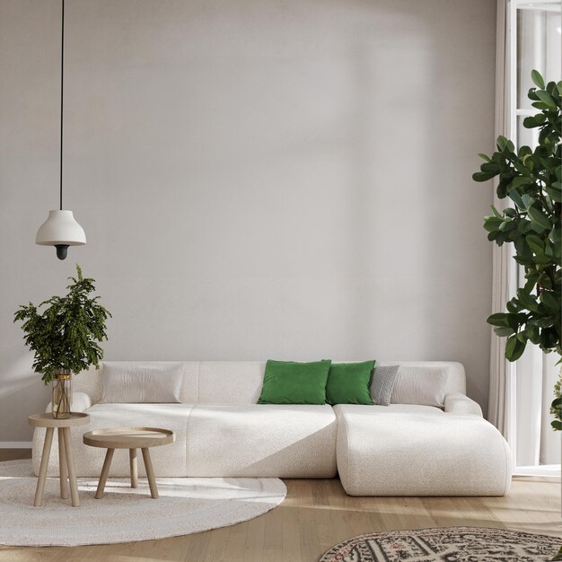 Foto interior de sala de estar blanco y verde con planta de sofá y pared vacía renderizado en 3d