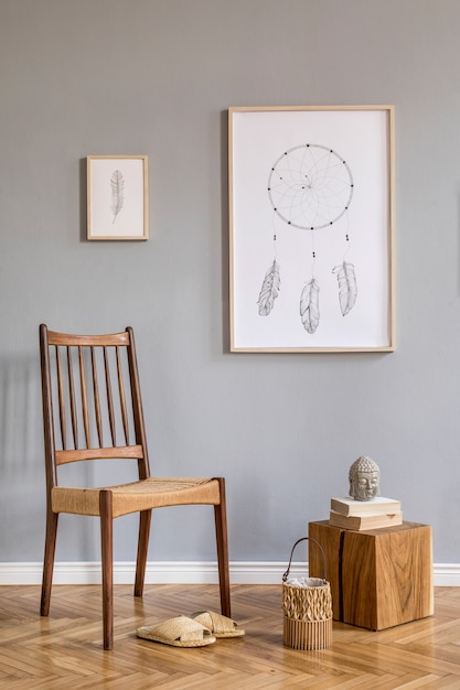 Interior de la sala de estar boho con maquetas de plantas y accesorios de silla de marco de póster Plantilla