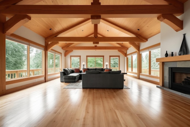 El interior de la sala de estar en una casa de madera con techos altos y vigas