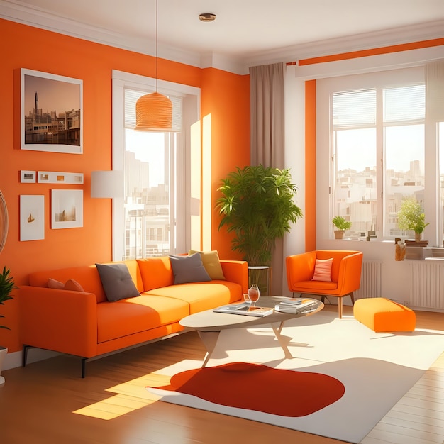 Un interior de la sala de estar de las casas de naranja generativo ai
